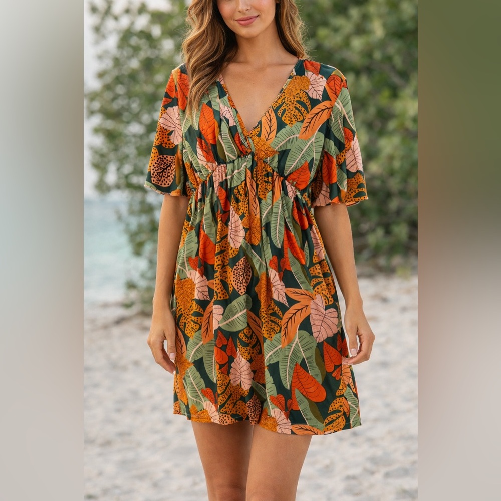 Tropical Leaf Print Dress / Swimsuit Cover-Up – Women’s size M/L